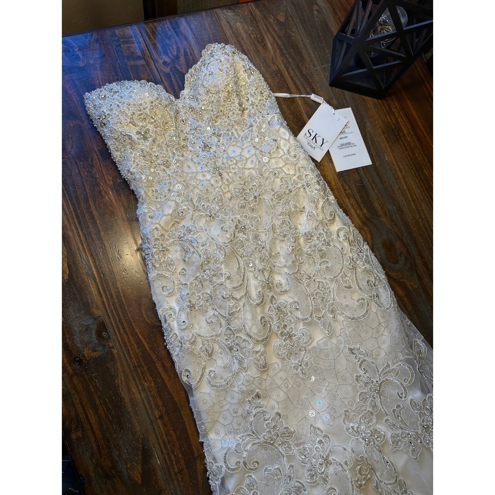 Eddy K Sky Collection Ivory Gold Silver Beaded Lace Wedding Gown Sz‎ 12  NWT